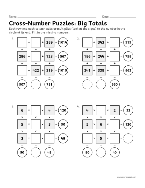 Preview of the printable “Cross-Number Puzzles: big totals” worksheet: adding 3-digit numbers and multiplying across and down to complete cross-number puzzles