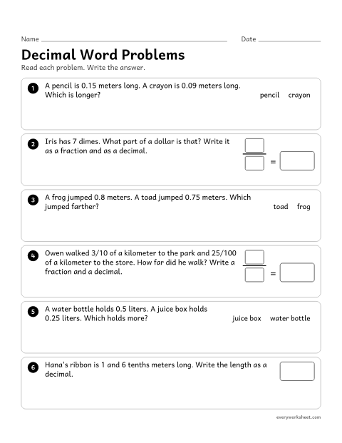 Preview of the printable “Decimal word problems” worksheet: solving word problems with lengths, liquid volumes and money written as decimals