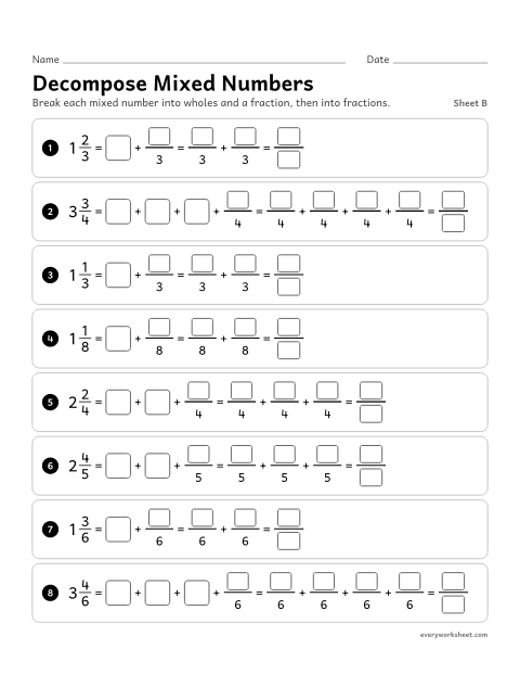 Preview of the printable “Decompose mixed Numbers, sheet B” worksheet: decomposing mixed numbers into wholes and a fraction: 2 1/8 = 1 + 1 + 1/8 = 8/8 + 8/8 + 1/8