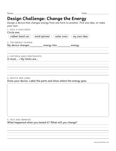 Preview of the printable “Design a device that converts energy (Design Challenge)” worksheet: designing, testing and improving a device that converts energy from one form to another