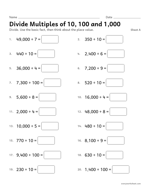 Preview of the printable “Divide multiples of 10, 100 and 1,000, sheet A” worksheet: dividing multiples of 10, 100 and 1,000