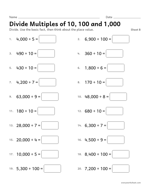 Preview of the printable “Divide multiples of 10, 100 and 1,000, sheet B” worksheet: dividing multiples of 10, 100 and 1,000