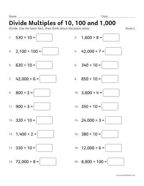 Preview of the printable “Divide multiples of 10, 100 and 1,000, sheet C” worksheet: dividing multiples of 10, 100 and 1,000