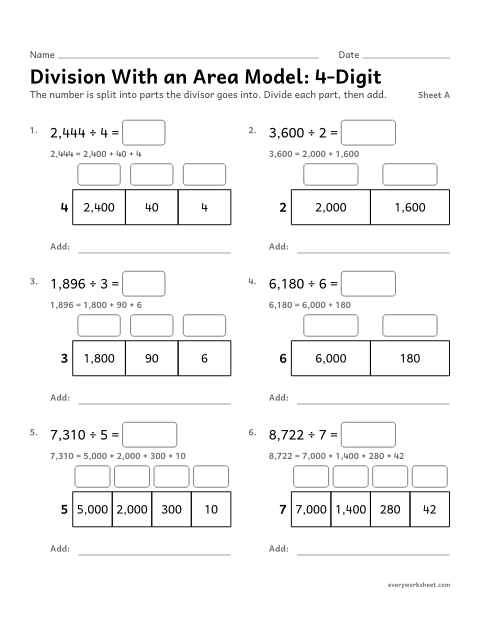Preview of the printable “Division with an area Model: 4-Digit, sheet A” worksheet: dividing 4-digit numbers with an area model