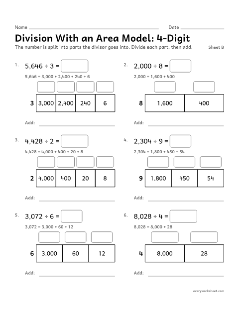 Preview of the printable “Division with an area Model: 4-Digit, sheet B” worksheet: dividing 4-digit numbers with an area model