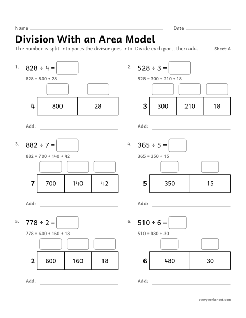 Preview of the printable “Division with an area Model, sheet A” worksheet: dividing with an area model