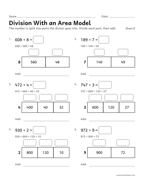 Preview of the printable “Division with an area Model, sheet B” worksheet: dividing with an area model