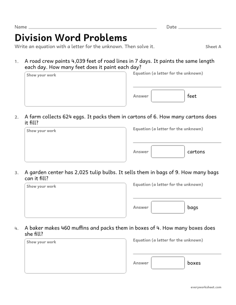 Preview of the printable “Division word Problems, sheet A” worksheet: dividing multi-digit numbers in stories