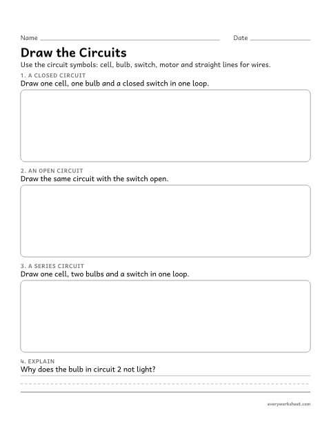 Preview of the printable “Draw a circuit diagram worksheet (Circuit Symbols)” worksheet: drawing circuit diagrams with standard symbols