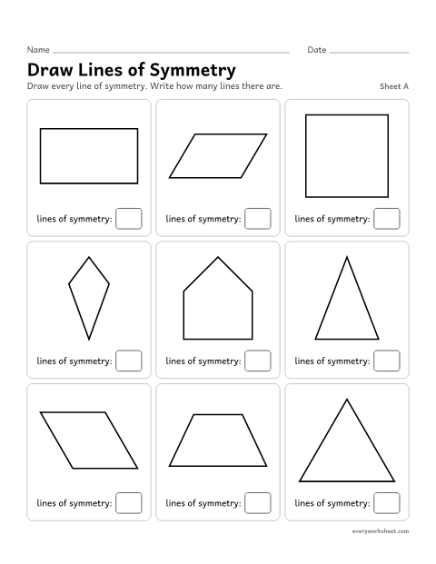 Preview of the printable “Draw lines of Symmetry, sheet A” worksheet: drawing every line of symmetry on squares, rectangles, triangles, kites and other shapes
