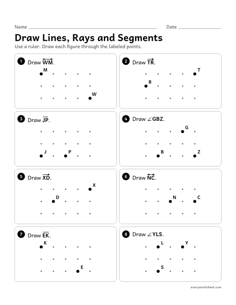 Preview of the printable “Draw Lines, rays and segments” worksheet: drawing lines, rays, line segments and angles through labeled points with a ruler