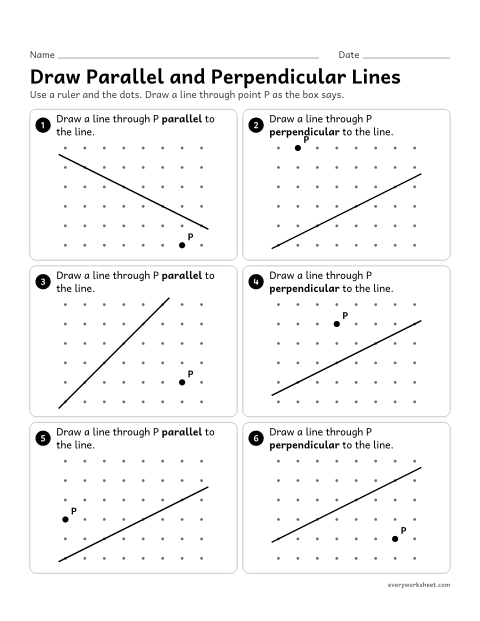 Preview of the printable “Draw parallel and perpendicular lines” worksheet: drawing a line through a point parallel or perpendicular to a given line on dot paper