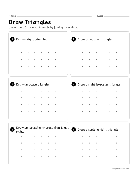 Preview of the printable “Draw triangles” worksheet: drawing right, acute, obtuse, isosceles and scalene triangles on dot paper