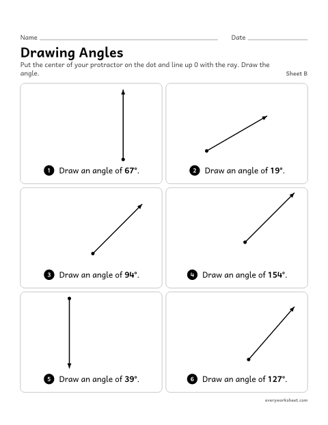 Preview of the printable “Drawing Angles, sheet B” worksheet: drawing angles of a given size from a ray with your own protractor