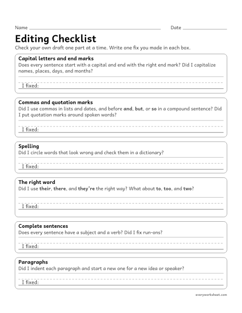 Preview of the printable “Editing checklist” worksheet: editing your own writing for capitals, end marks, commas, quotation marks, spelling, word choice, and paragraphs