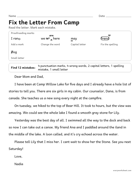 Preview of the printable “Fix the letter from camp” worksheet: proofreading a friendly letter for commas in compound sentences, capitals, apostrophes, homophones, verbs, and spelling