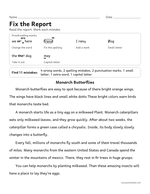 Preview of the printable “Fix the report” worksheet: proofreading a report for homophones, commas, capitals, subject-verb agreement, spelling, and an extra word