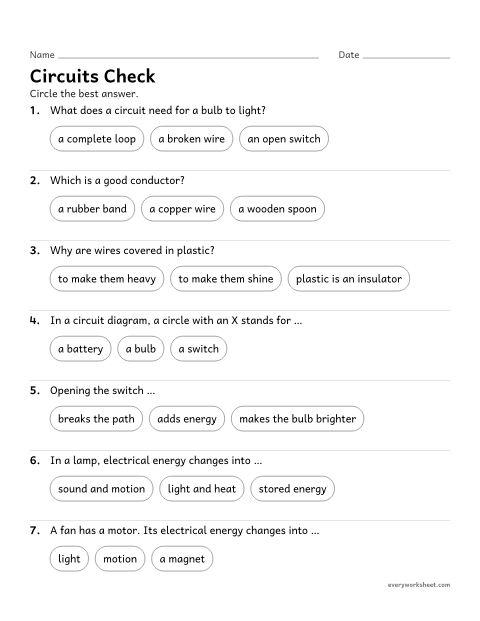 Preview of the printable “Electricity and circuits quiz for 4th grade” worksheet: reviewing circuits, conductors, insulators and energy transfer by electric current