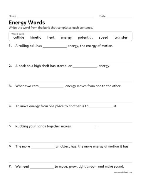 Preview of the printable “Energy vocabulary Worksheet: fill in the blank” worksheet: using energy vocabulary in context