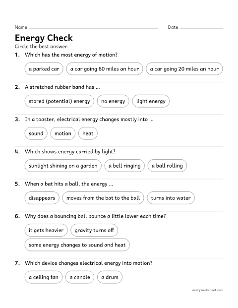 Preview of the printable “Energy quiz for 4th grade (Free Printable)” worksheet: reviewing energy, speed, transfer and collisions