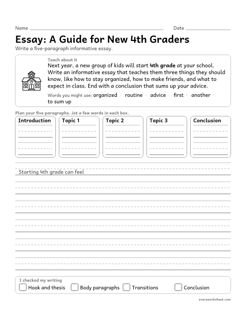 Preview of the printable “Essay: A guide for new 4th graders” worksheet: writing a multi-paragraph informative essay with a concluding section