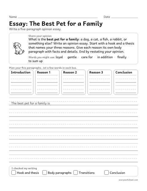 Preview of the printable “Essay: the best pet for a family” worksheet: planning and writing a multi-paragraph opinion essay with an introduction, three reasons, and a conclusion
