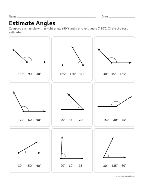 Preview of the printable “Estimate angles” worksheet: estimating angles by comparing them with a right angle and a straight angle