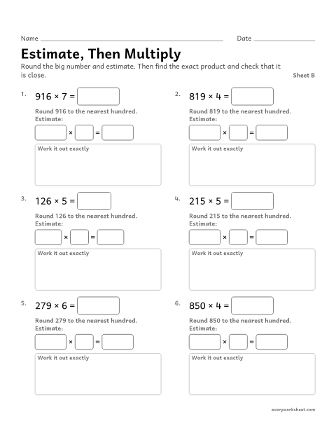 Preview of the printable “Estimate, then Multiply, sheet B” worksheet: estimating a product, then multiplying