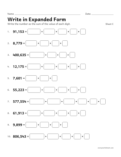 Preview of the printable “Write in expanded Form, sheet C” worksheet: writing numbers to 1,000,000 in expanded form