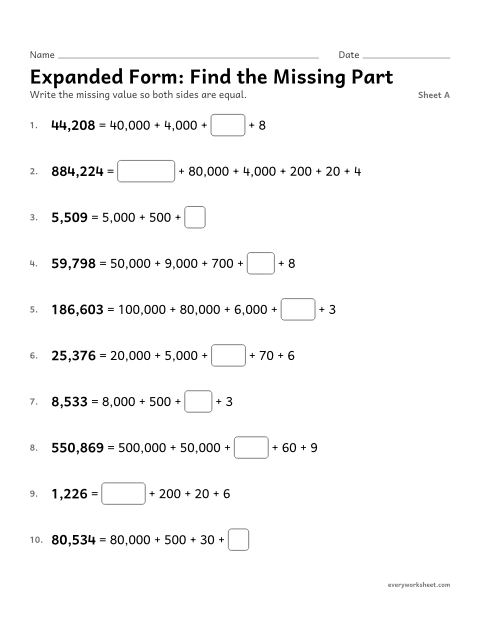 Preview of the printable “Expanded Form: find the missing Part, sheet A” worksheet: finding a missing part of an expanded form