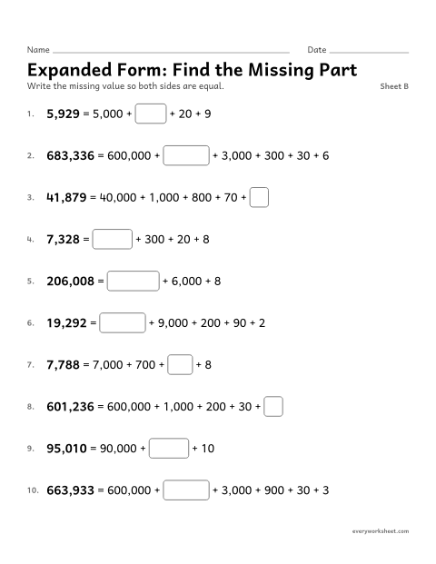 Preview of the printable “Expanded Form: find the missing Part, sheet B” worksheet: finding a missing part of an expanded form