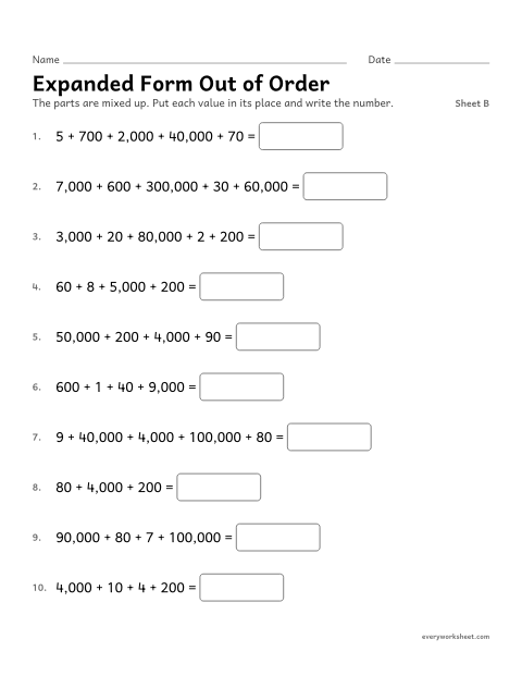 Preview of the printable “Expanded form out of Order, sheet B” worksheet: writing a number from expanded form in any order