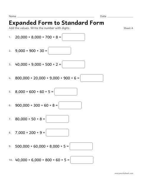Preview of the printable “Expanded form to standard Form, sheet A” worksheet: writing a number from its expanded form
