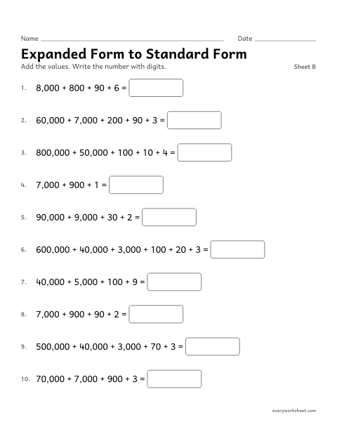 Preview of the printable “Expanded form to standard Form, sheet B” worksheet: writing a number from its expanded form