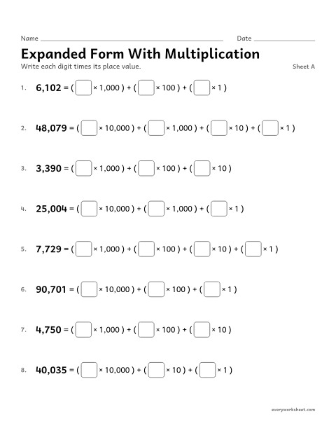 Preview of the printable “Expanded form with Multiplication, sheet A” worksheet: writing expanded form with multiplication