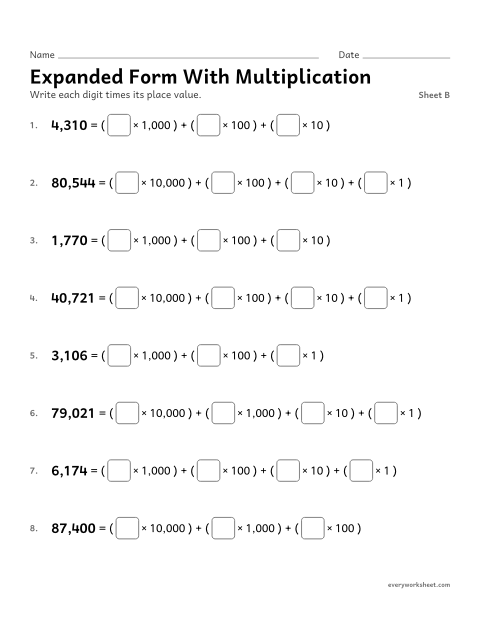 Preview of the printable “Expanded form with Multiplication, sheet B” worksheet: writing expanded form with multiplication