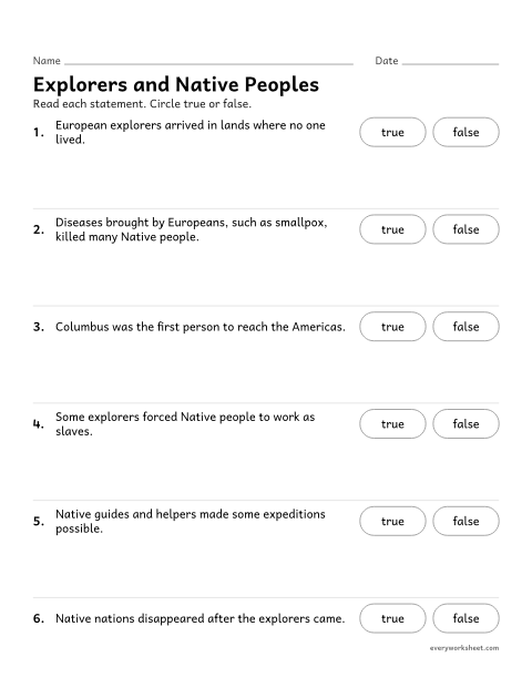 Preview of the printable “Explorers and native Peoples: true or false” worksheet: evaluating statements about how European exploration affected Native peoples