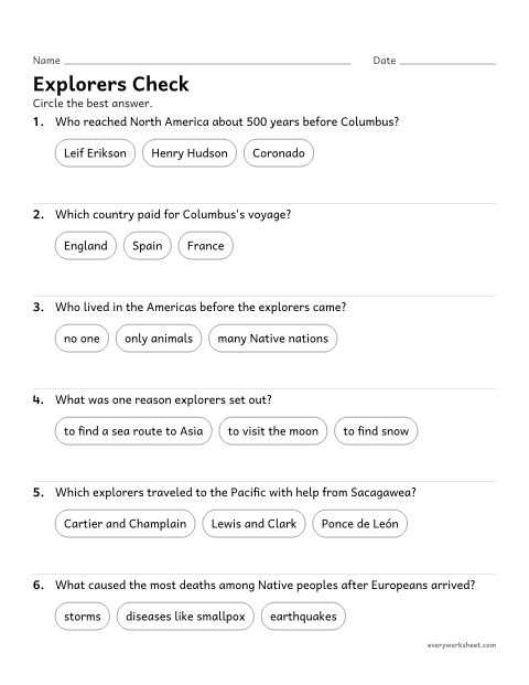 Preview of the printable “Explorers quiz for 4th grade” worksheet: reviewing European explorers and their effects