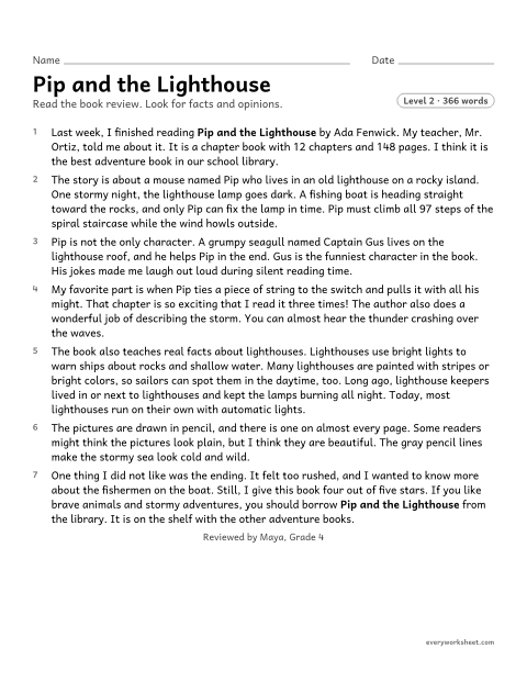 Preview of the printable “Fact and opinion in a book review” worksheet: finding facts and opinions in a student book review and explaining how each is used