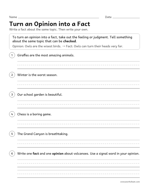 Preview of the printable “Turn an opinion into a fact” worksheet: rewriting opinions as facts on the same topic, and writing a fact and an opinion