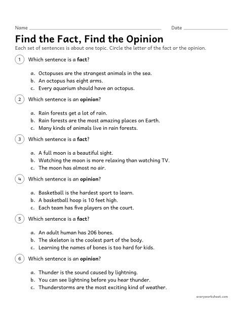 Preview of the printable “Find the Fact, find the opinion” worksheet: choosing the fact or the opinion among three sentences on the same topic