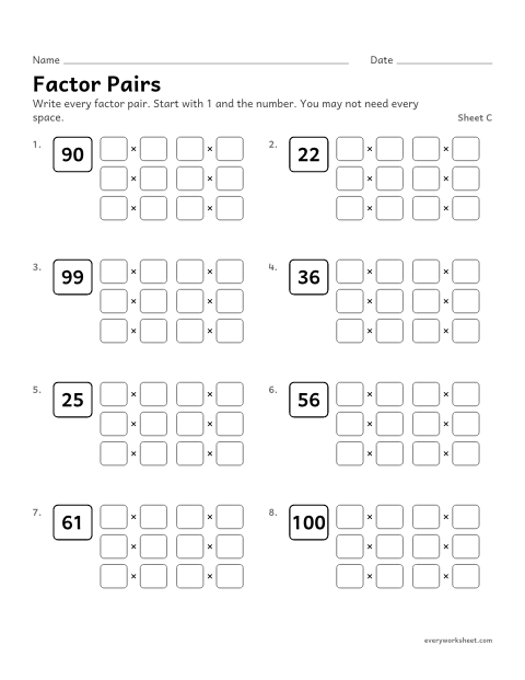 Preview of the printable “Factor Pairs, sheet C” worksheet: finding all factor pairs of a number to 100