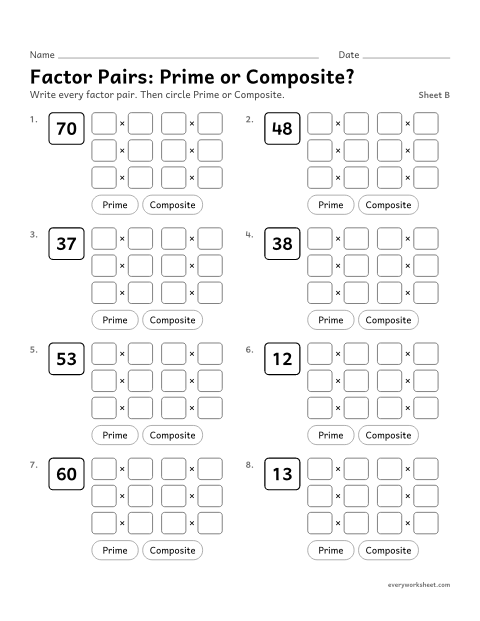 Preview of the printable “Factor Pairs: prime or Composite?, sheet B” worksheet: using factor pairs to tell prime from composite