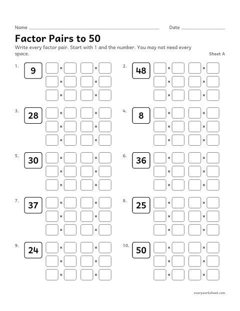 Preview of the printable “Factor pairs to 50, sheet A” worksheet: finding all factor pairs of a number to 50