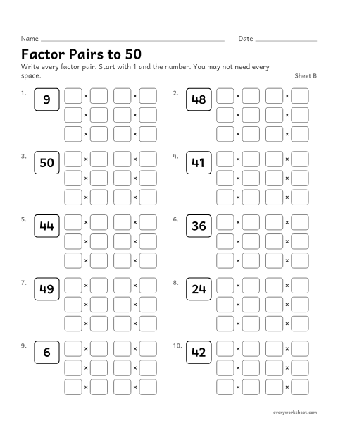 Preview of the printable “Factor pairs to 50, sheet B” worksheet: finding all factor pairs of a number to 50