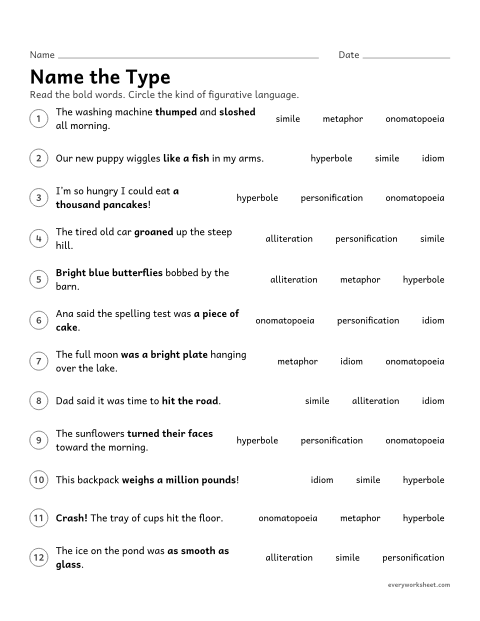 Preview of the printable “Name the type” worksheet: naming simile, metaphor, personification, hyperbole, idiom, onomatopoeia, and alliteration