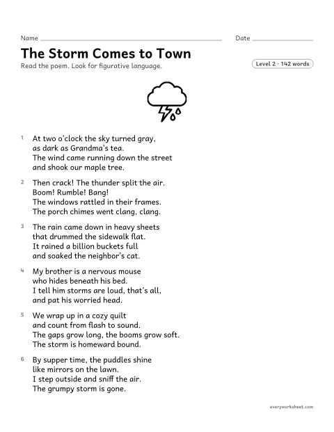 Preview of the printable “The storm comes to town” worksheet: finding figurative language in a poem and explaining what each phrase means