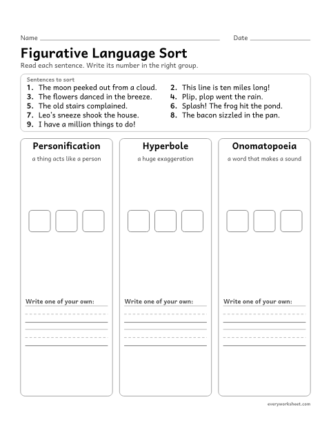 Preview of the printable “Figurative language sort” worksheet: sorting sentences into personification, hyperbole, and onomatopoeia