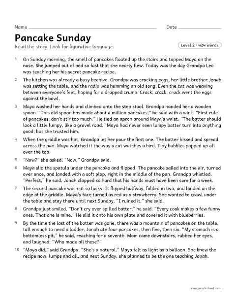 Preview of the printable “Pancake sunday” worksheet: explaining what similes, metaphors, personification, hyperbole, and an idiom mean in a story