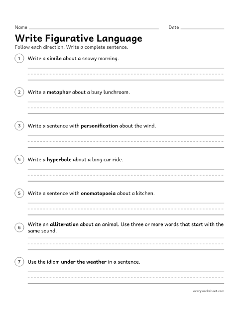 Preview of the printable “Write figurative language” worksheet: writing original similes, metaphors, personification, hyperbole, onomatopoeia, alliteration, and idioms